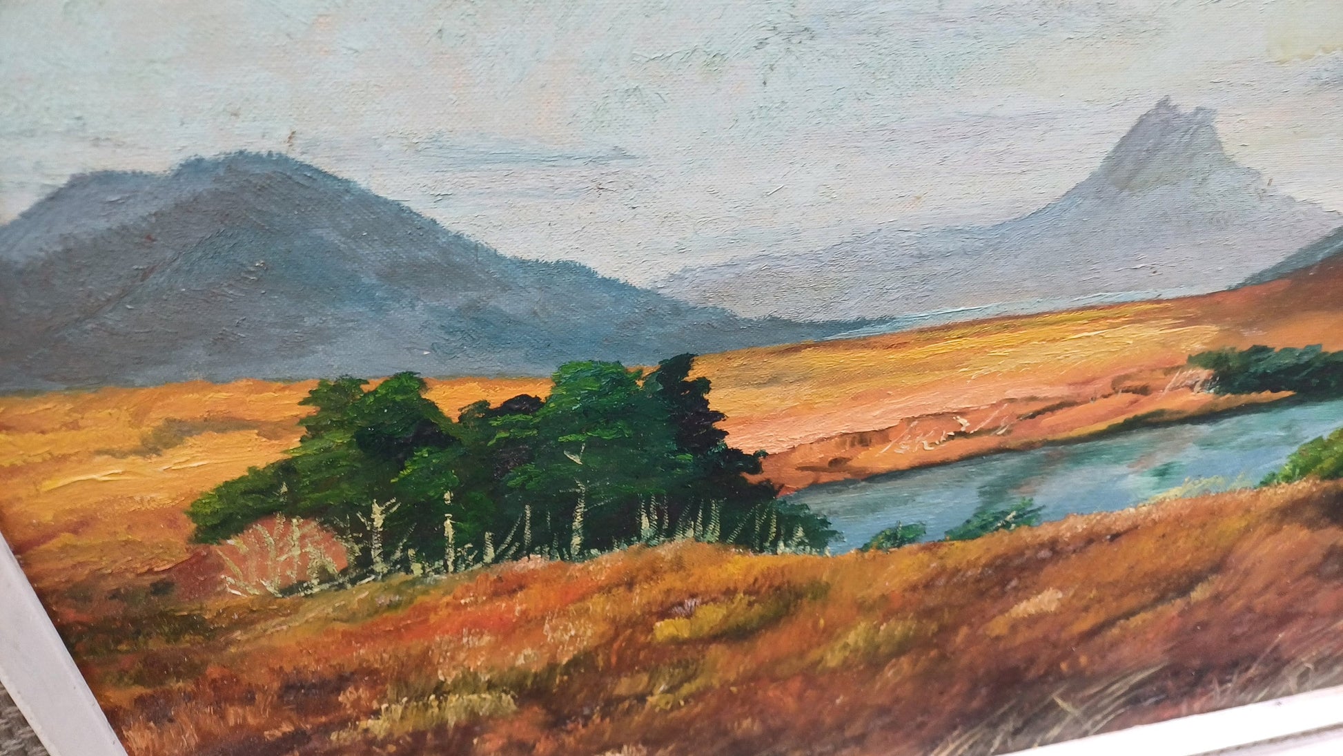 Original vintage Oil Painting of a Landscape, framed in wonderful retro material mounted vintage frame - large