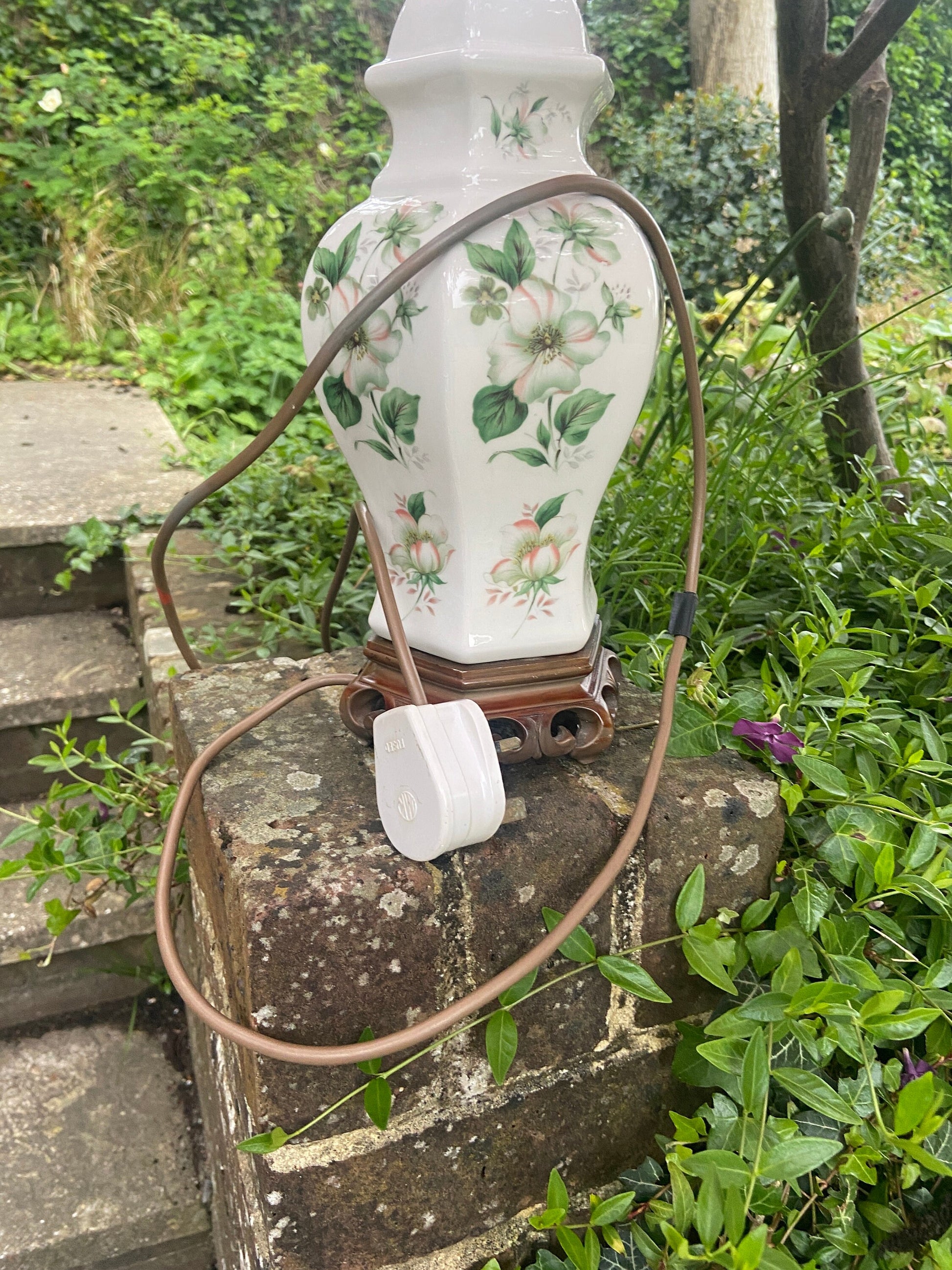 Gorgeous vintage Ginger Jar, Oriental, Chinese Vintage Table lamp, white with carved wooden base, covered in pretty cherry blossoms