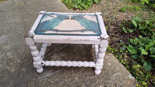 Vintage Painted Shabby Chic White Stool with Parrot Decoration Motif