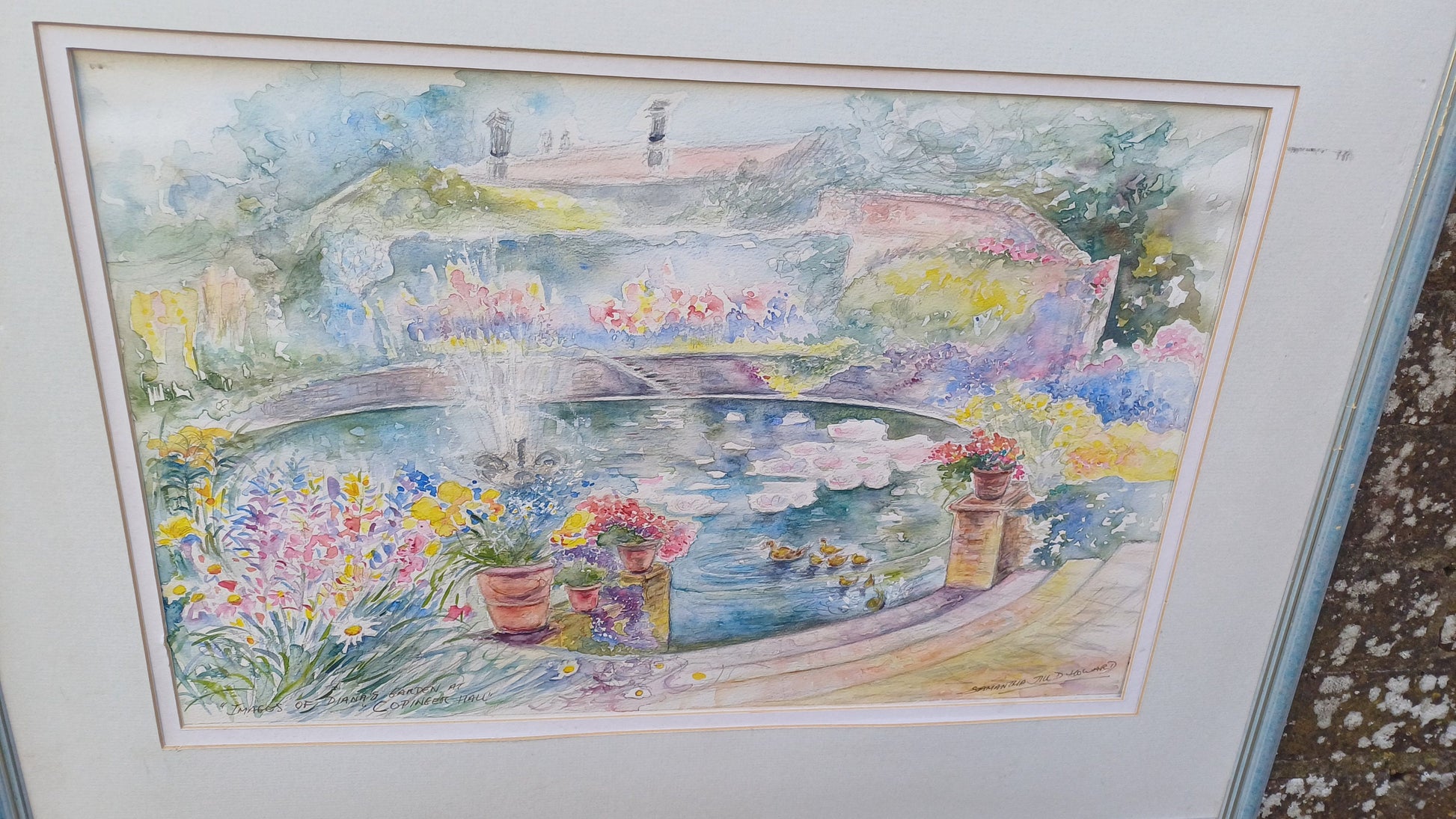 Wonderful large original water colour, water colour painting of Images of Dianas Garden Copinger Hall, by Samantha Jill D Howard, pond