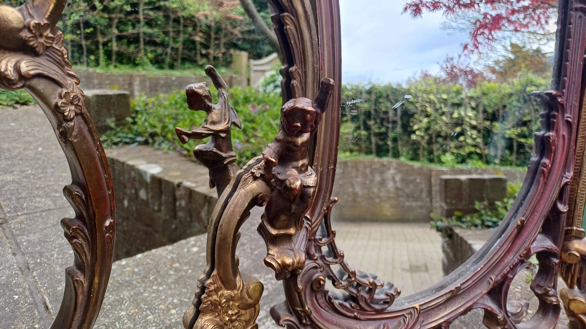 Vintage 80s Brass Metal Gold and Red Adjustable Dressing Table Triple Mirror