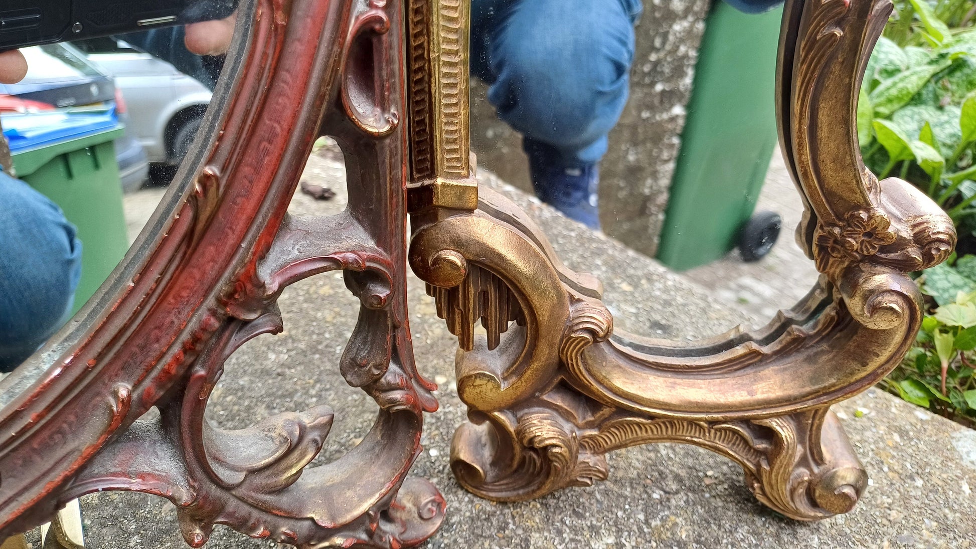 Vintage 80s Brass Metal Gold and Red Adjustable Dressing Table Triple Mirror