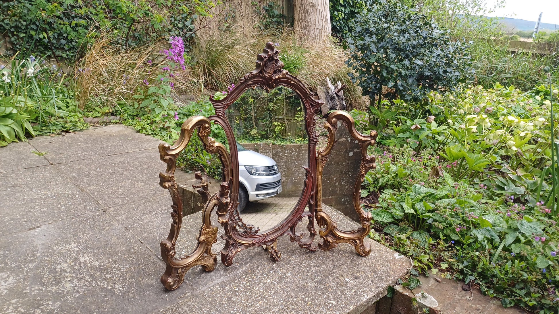 Vintage 80s Brass Metal Gold and Red Adjustable Dressing Table Triple Mirror