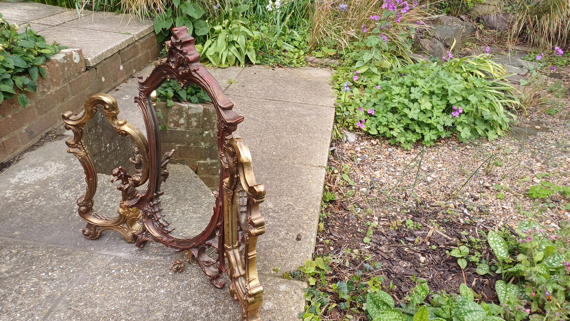 Vintage 80s Brass Metal Gold and Red Adjustable Dressing Table Triple Mirror