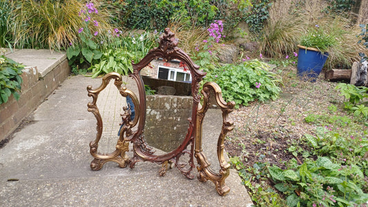 Vintage 80s Brass Metal Gold and Red Adjustable Dressing Table Triple Mirror