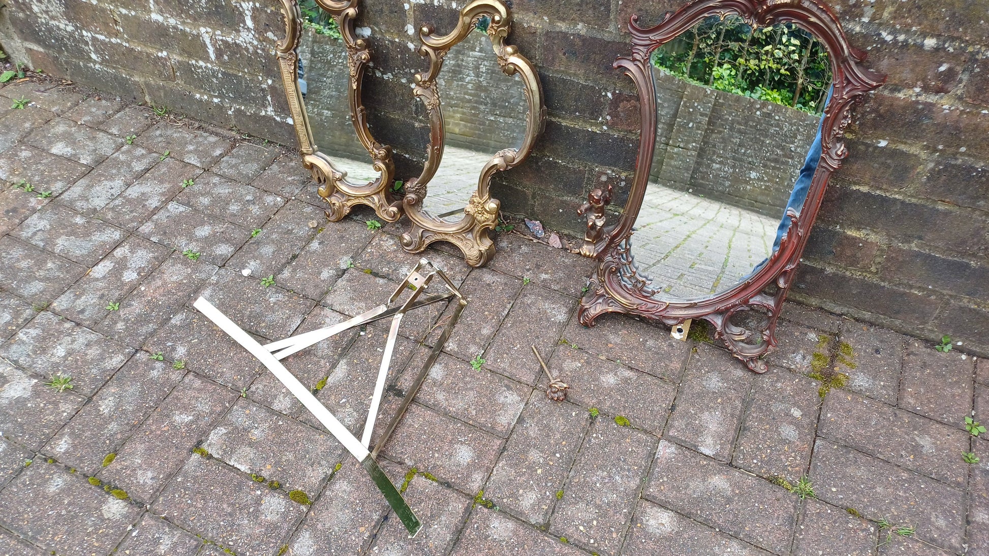 Vintage 80s Brass Metal Gold and Red Adjustable Dressing Table Triple Mirror