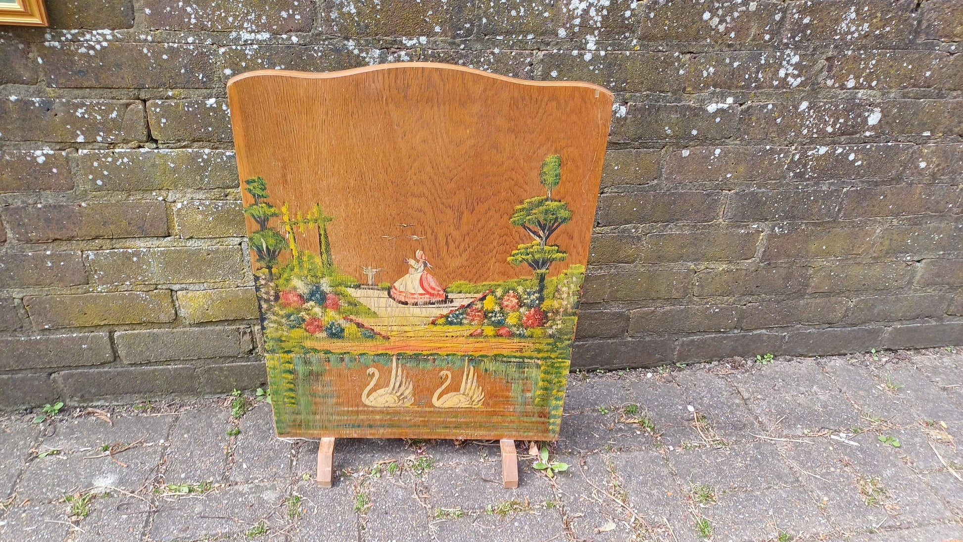 Sweet Vintage Retro 50s Crinoline Lady Swans Still Life Hand Painted Fire Screen Guard.