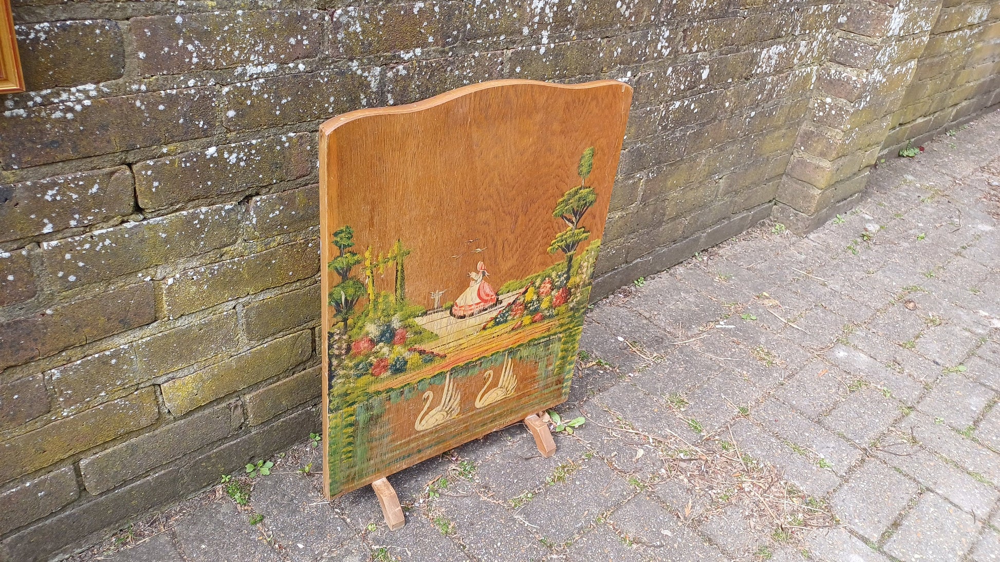 Sweet Vintage Retro 50s Crinoline Lady Swans Still Life Hand Painted Fire Screen Guard.