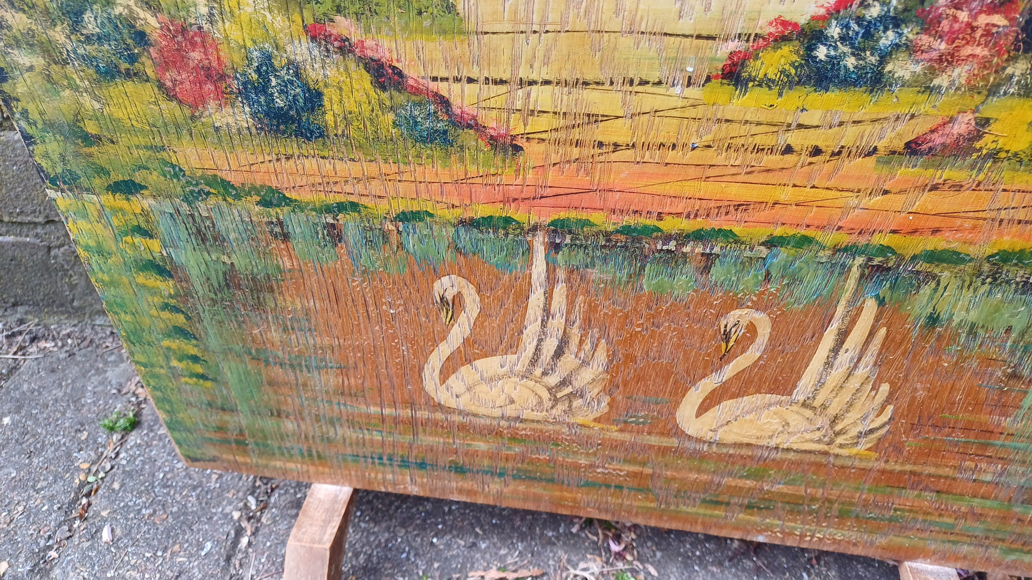 Sweet Vintage Retro 50s Crinoline Lady Swans Still Life Hand Painted Fire Screen Guard.