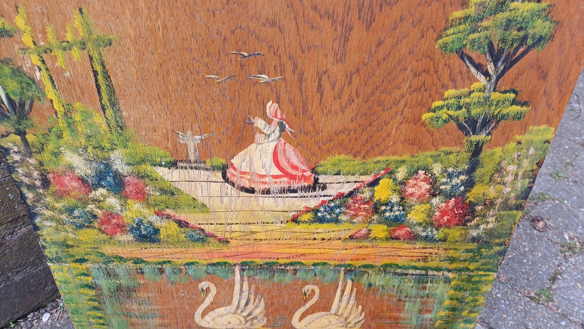 Sweet Vintage Retro 50s Crinoline Lady Swans Still Life Hand Painted Fire Screen Guard.