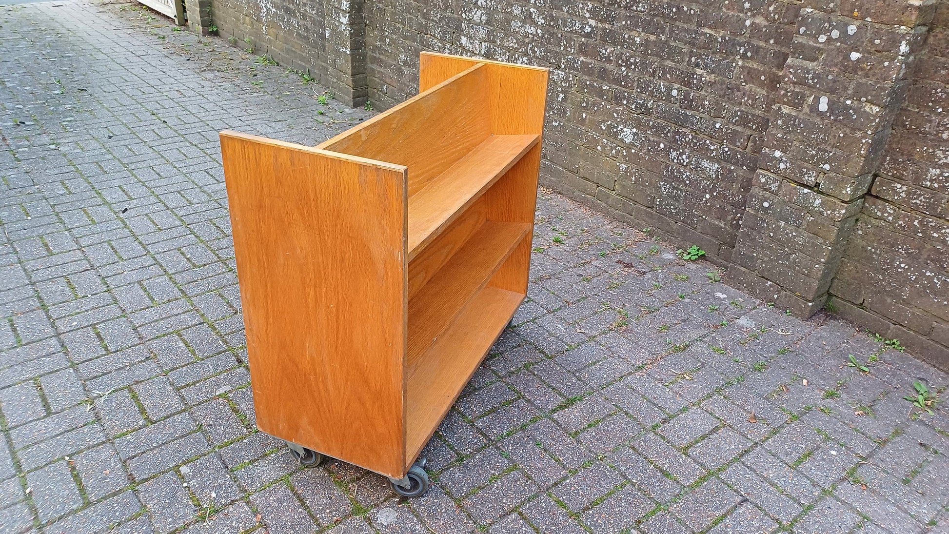 Vintage Municipal Retro Oak Veneer Bookcase on Castors. A Perfect Room Divider.