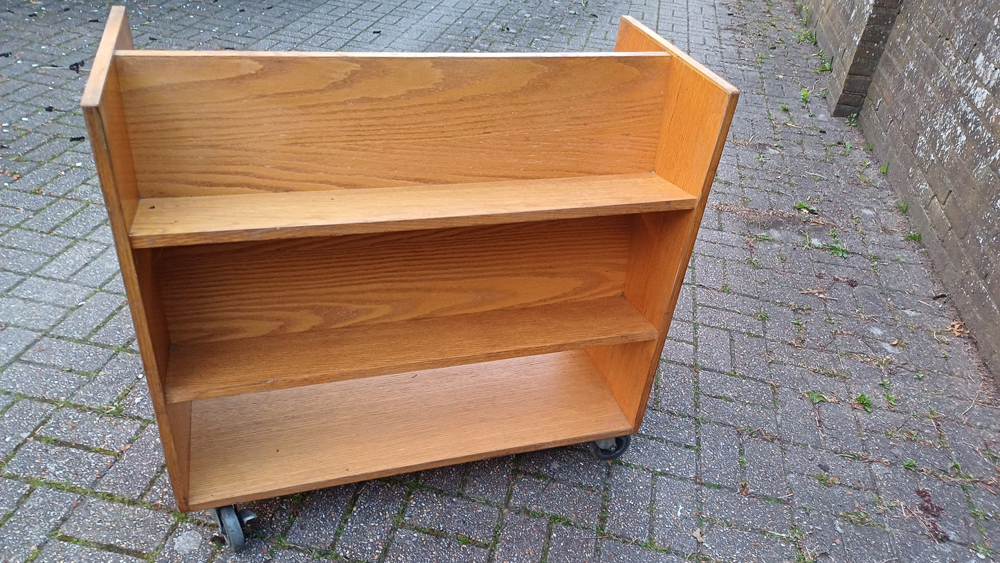 Vintage Municipal Retro Oak Veneer Bookcase on Castors. A Perfect Room Divider.