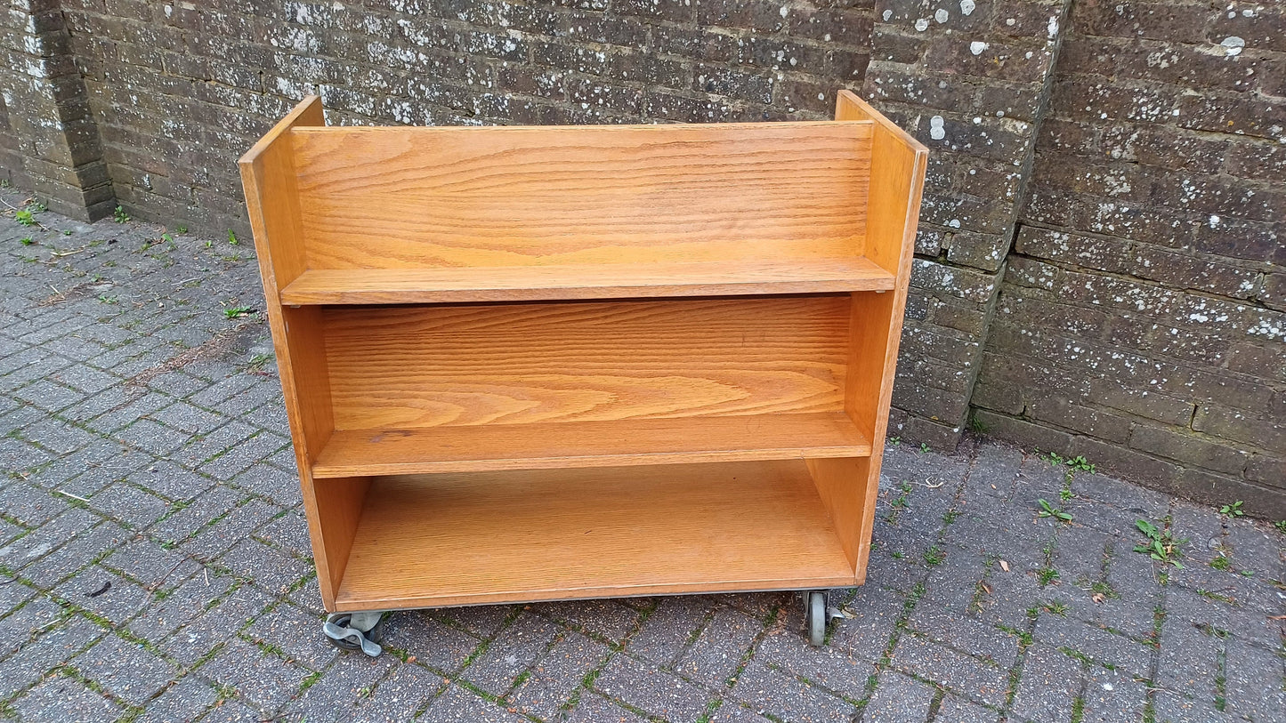 Vintage Municipal Retro Oak Veneer Bookcase on Castors. A Perfect Room Divider.