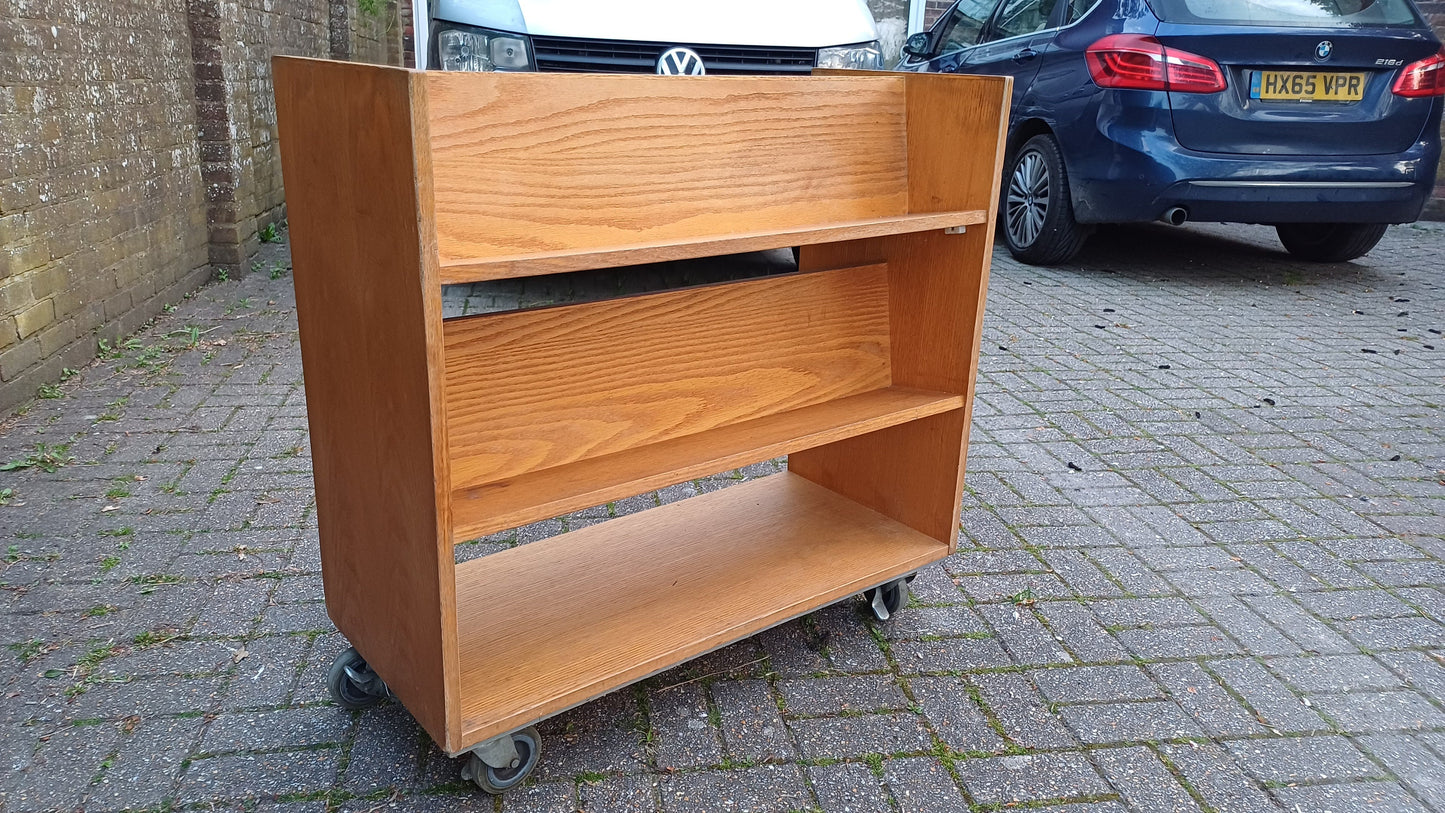 Vintage Municipal Retro Oak Veneer Bookcase on Castors. A Perfect Room Divider.