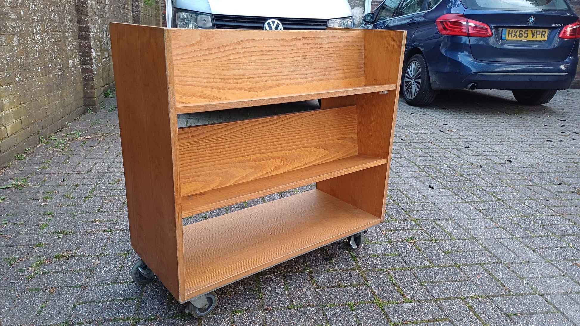 Vintage Municipal Retro Oak Veneer Bookcase on Castors. A Perfect Room Divider.