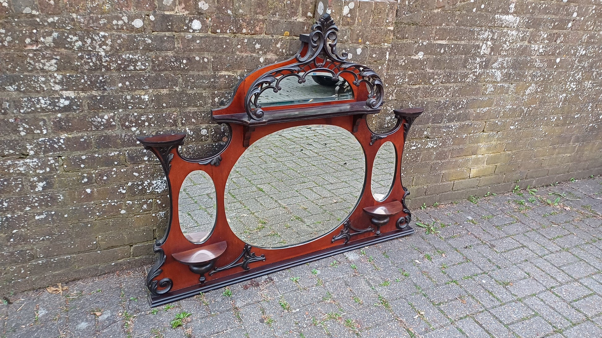 Outstanding Vintage Mahogany Over Mantel Mirror with Amazing Carved Feature.
