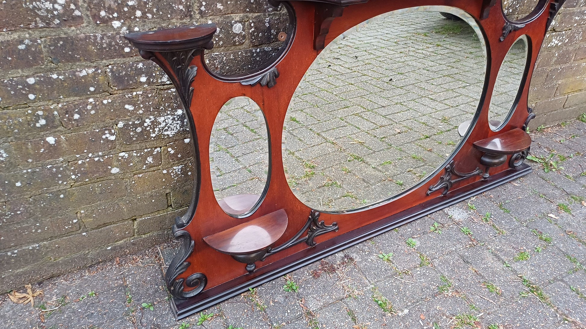 Outstanding Vintage Mahogany Over Mantel Mirror with Amazing Carved Feature.