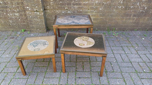Vintage 80s Nest of Tables Globe World Map feat. Glass and Brass