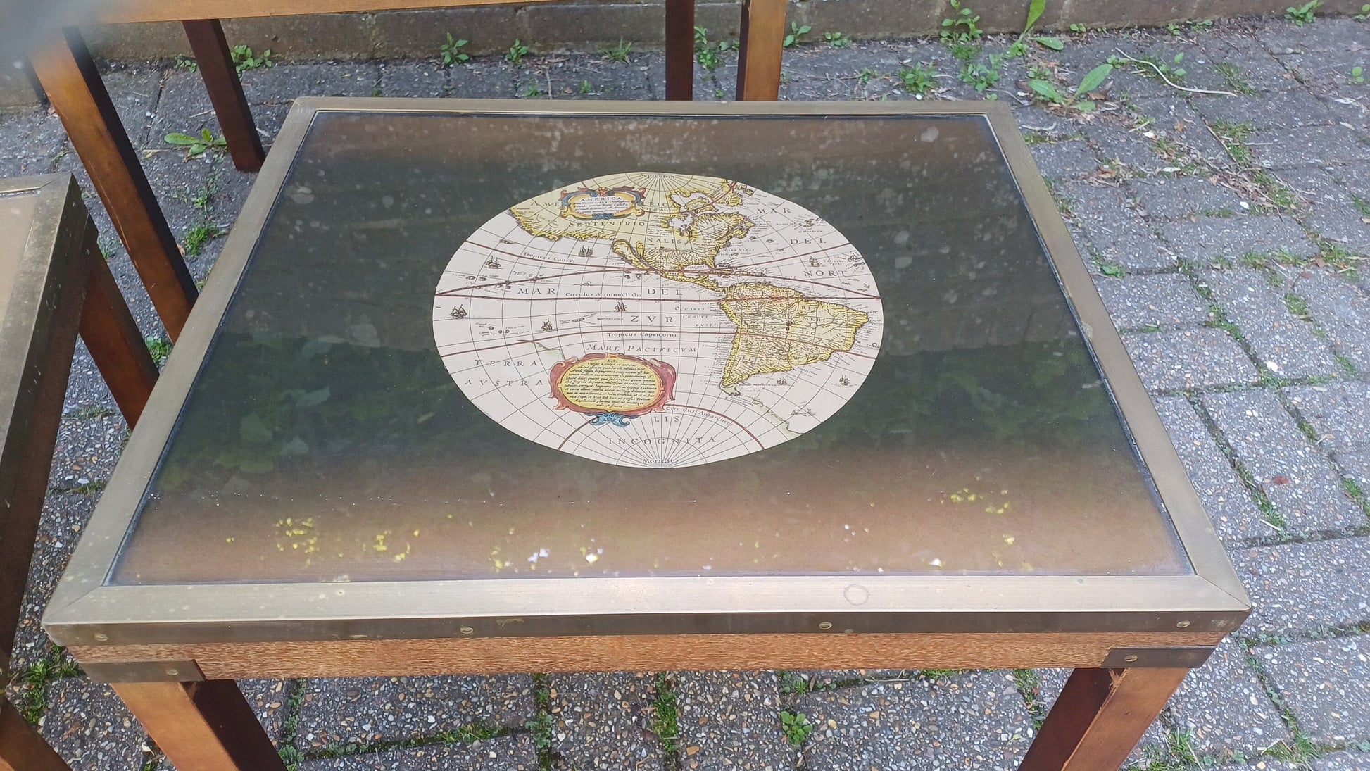 Vintage 80s Nest of Tables Globe World Map feat. Glass and Brass