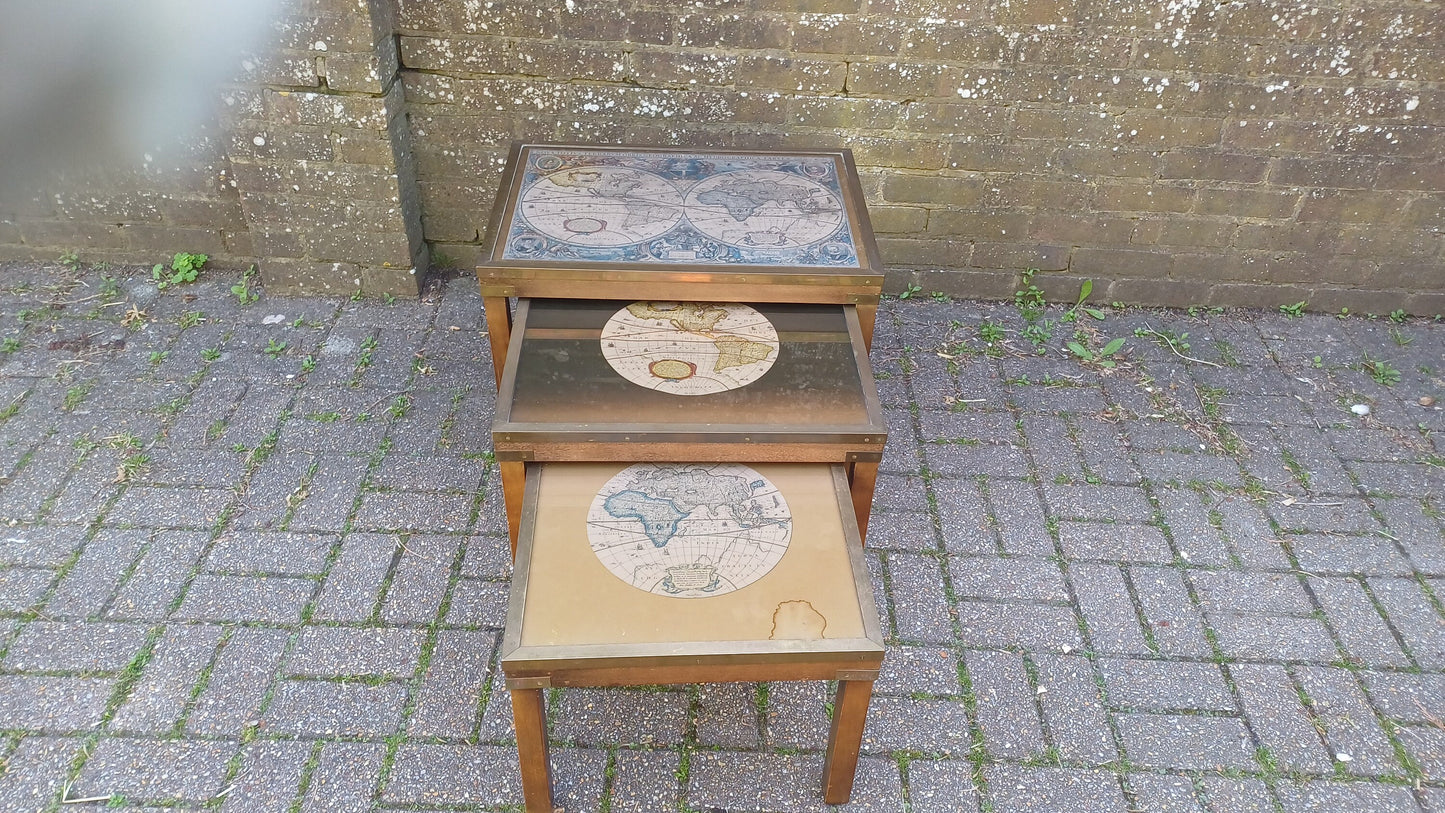Vintage 80s Nest of Tables Globe World Map feat. Glass and Brass