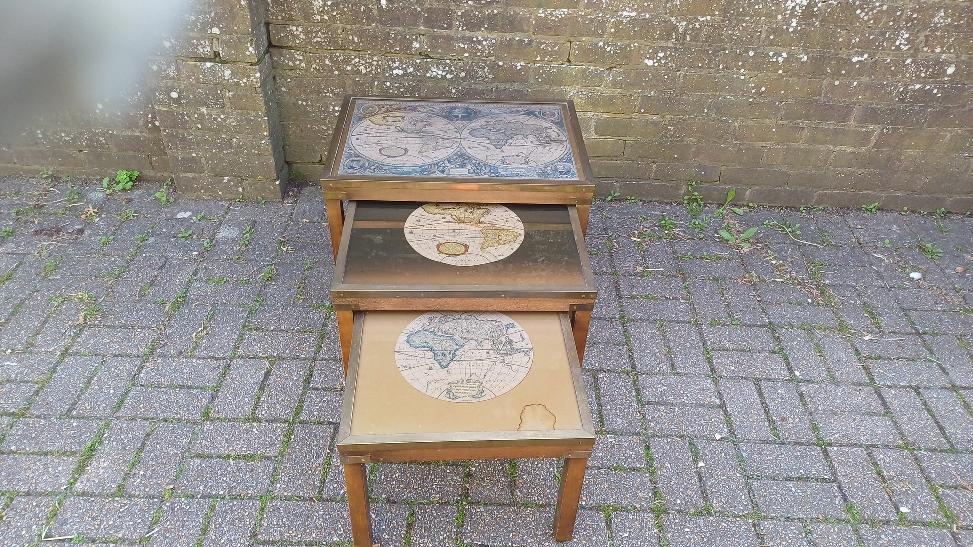 Vintage 80s Nest of Tables Globe World Map feat. Glass and Brass