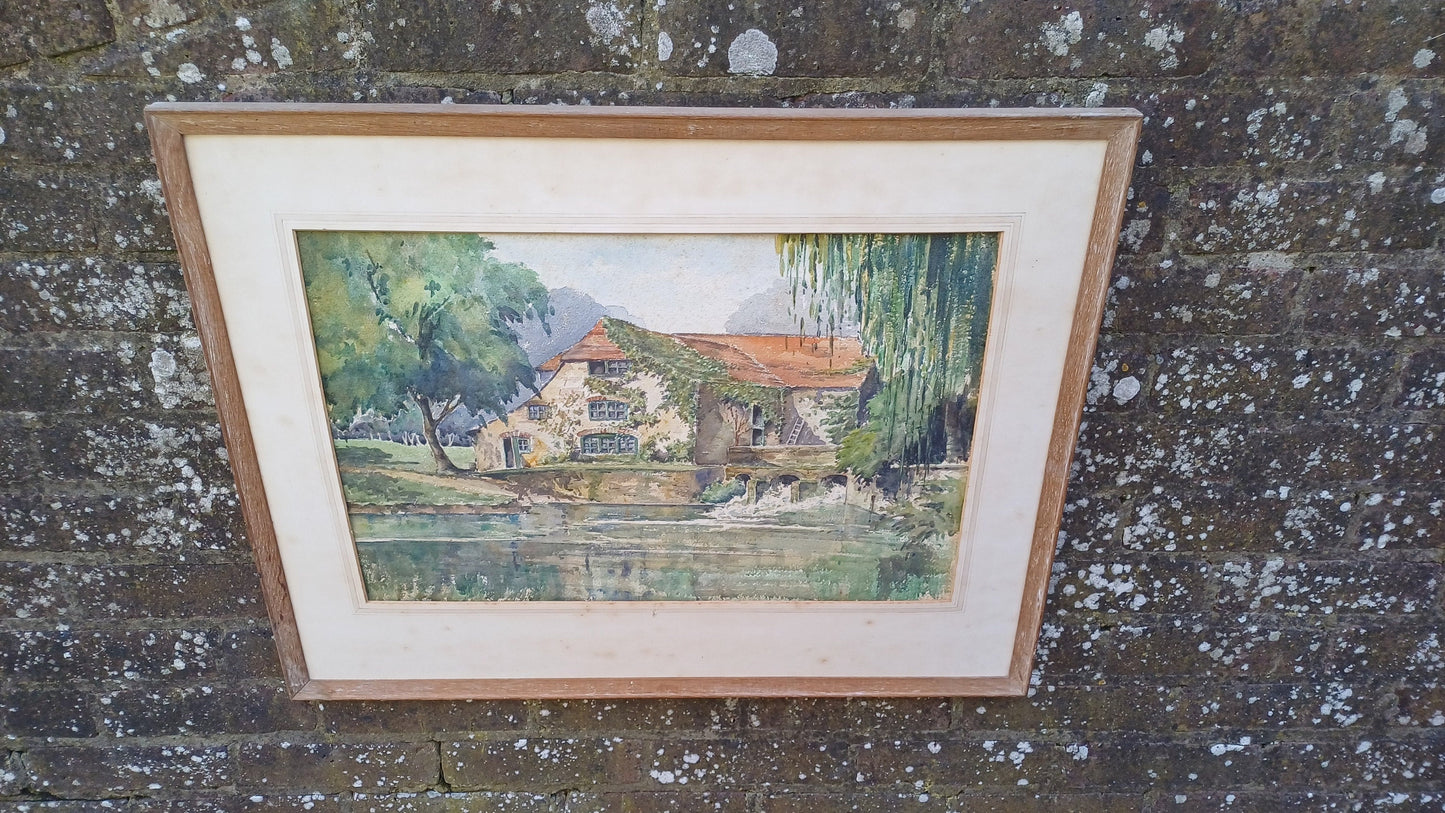 large original water colour of a house on a river