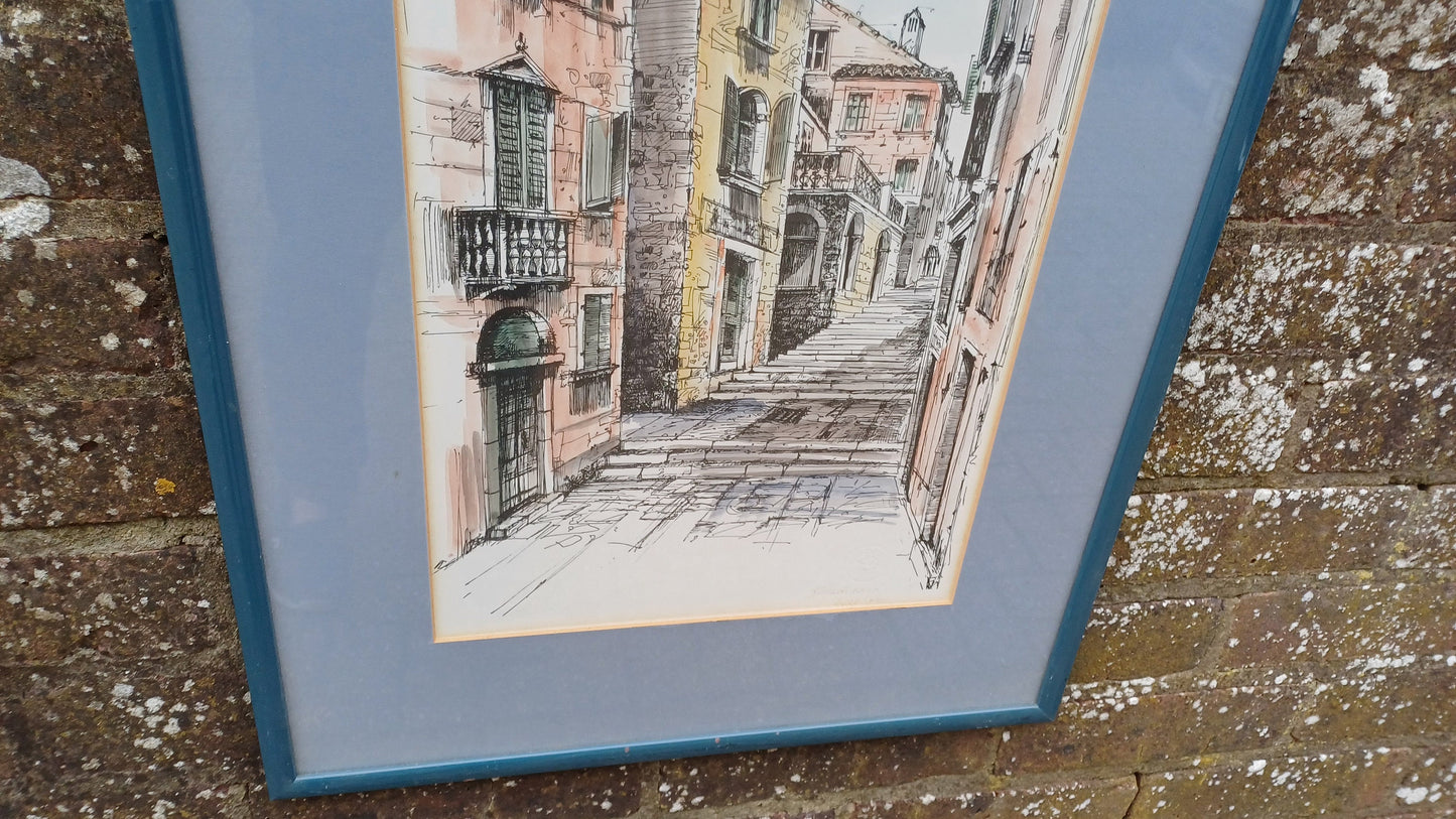 Original 1980s ink drawing and watercolour of Hvar, Croatia street scene - accomplished - framed in vintage blue wooden frame