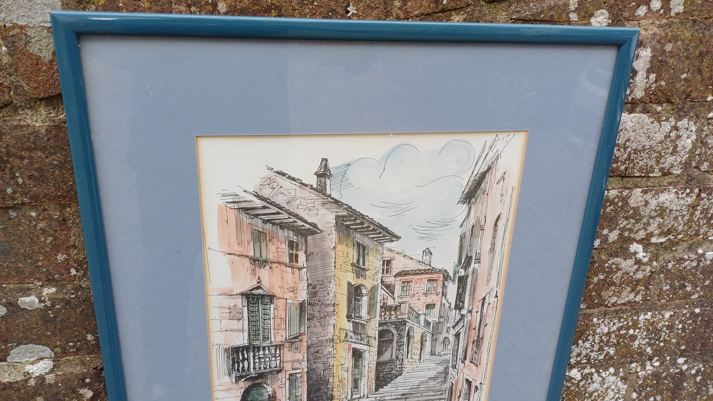 Original 1980s ink drawing and watercolour of Hvar, Croatia street scene - accomplished - framed in vintage blue wooden frame