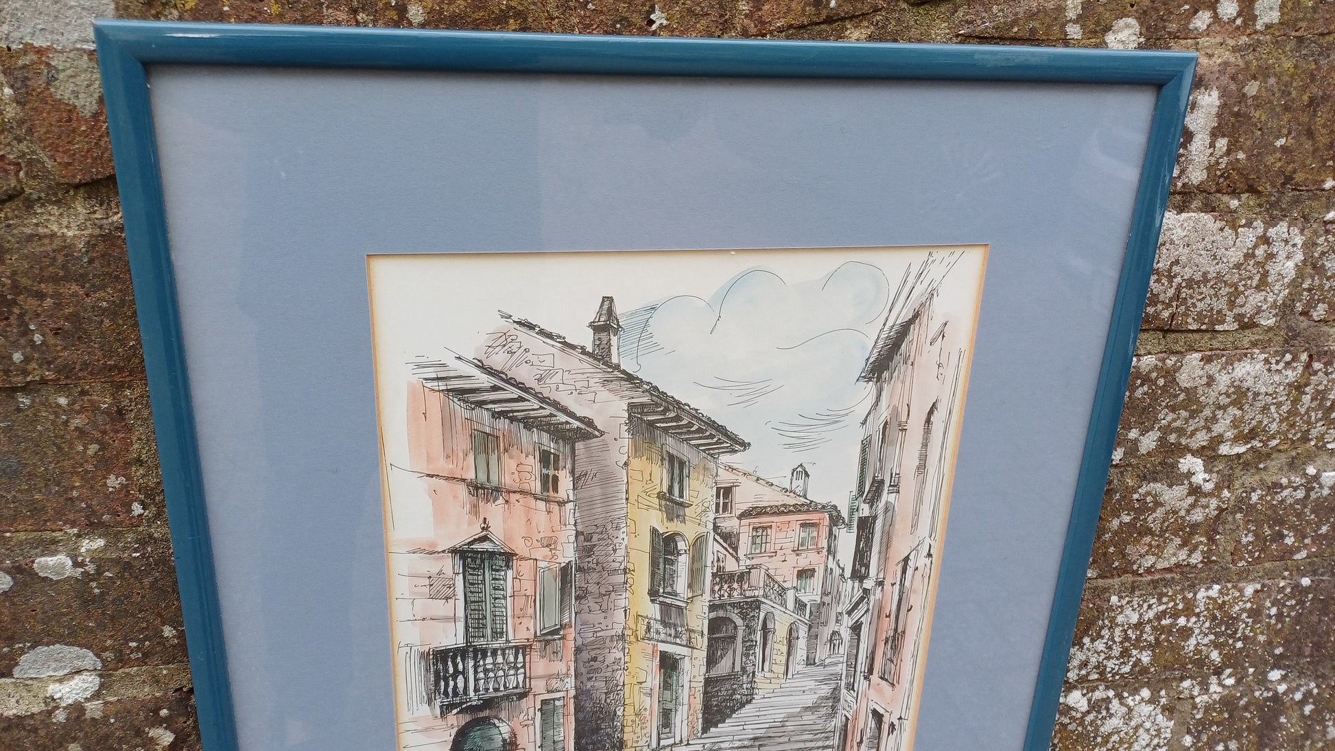 Original 1980s ink drawing and watercolour of Hvar, Croatia street scene - accomplished - framed in vintage blue wooden frame