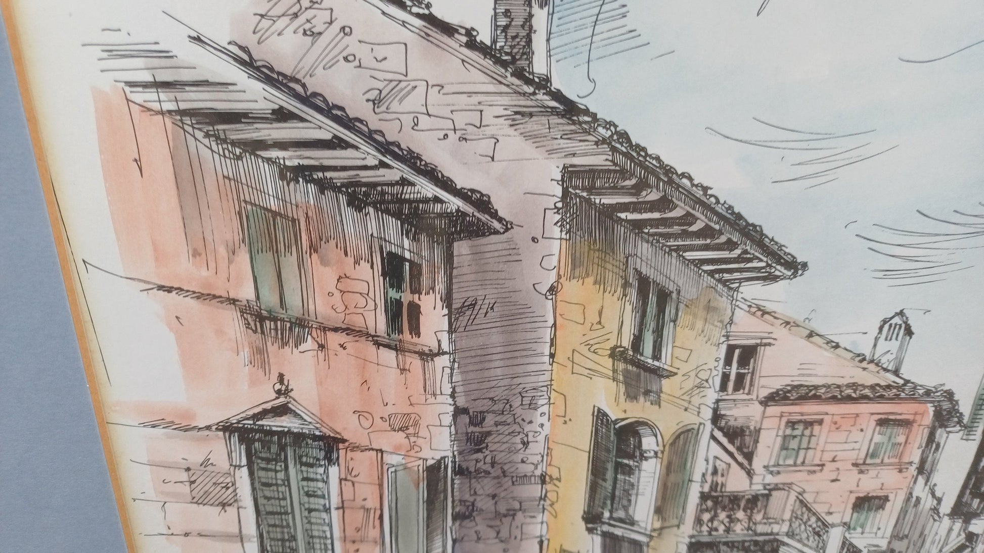 Original 1980s ink drawing and watercolour of Hvar, Croatia street scene - accomplished - framed in vintage blue wooden frame