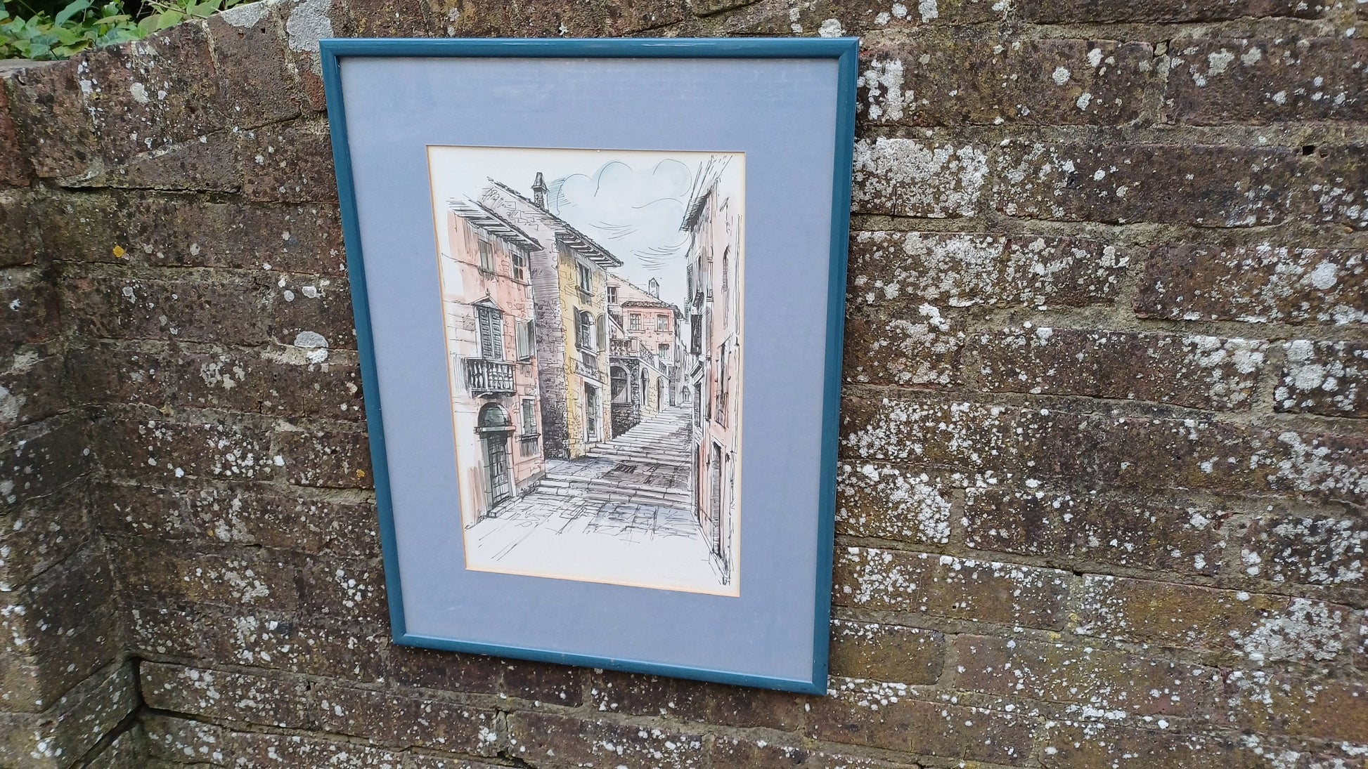 Hvar 1980s ink drawing and watercolour, framed