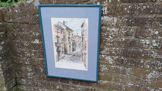 Hvar 1980s ink drawing and watercolour, framed