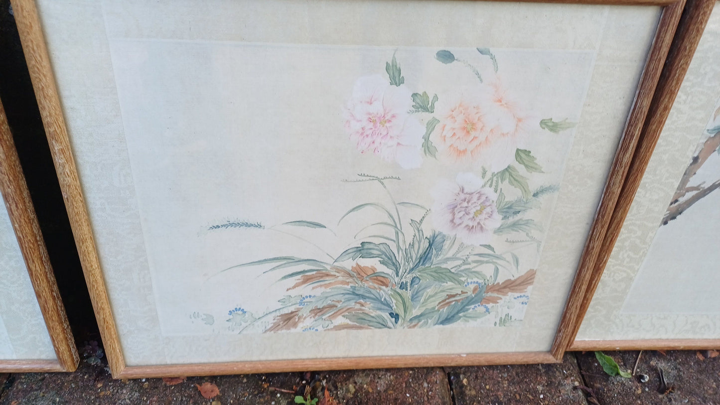 Set of four very beautiful vintage watercolour silk paintings , Japanese Oriental floral theme - four original art silk paintings