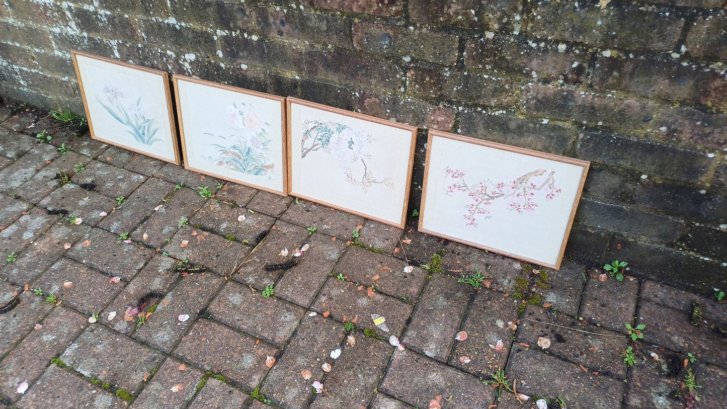 Set of four very beautiful vintage watercolour silk paintings , Japanese Oriental floral theme - four original art silk paintings