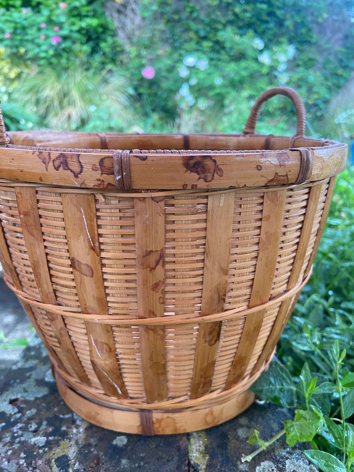 Retro 1970s Bamboo indoor planter, wicker plant pot, indoor planter, plant pot, wicker basket
