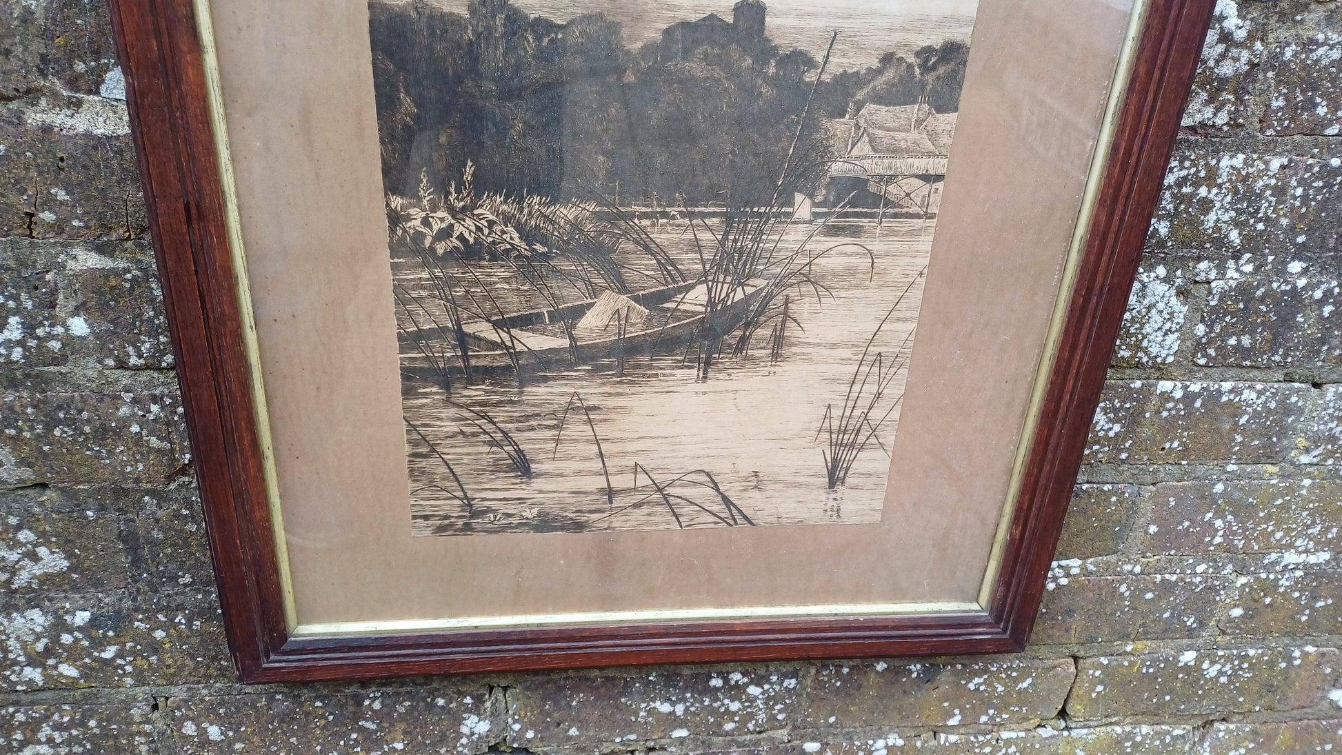 Large glazed antique wooden frame, with wonderful vintage ink drawing mounted