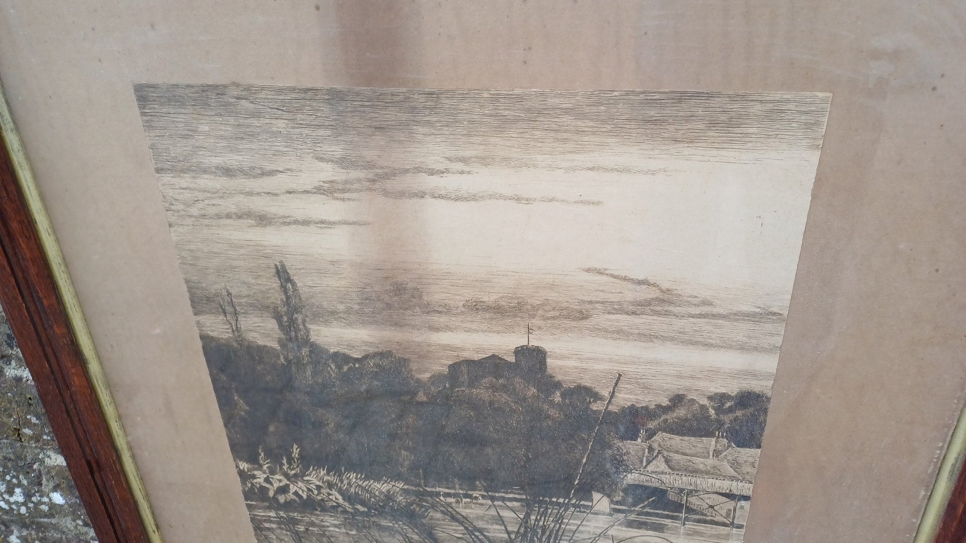 Large glazed antique wooden frame, with wonderful vintage ink drawing mounted