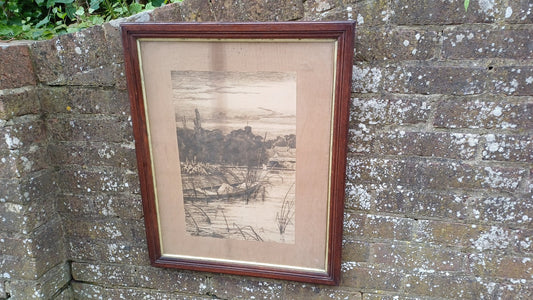 Glazed antique wooden frame with vintage ink drawing ofpond, boat, houses