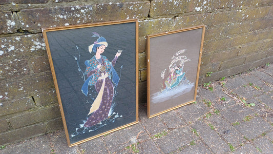 Two interesting Arabian prince princess paintings - colourful on black brown background, vintage gold glazed frames; Arabic Arabian Nights