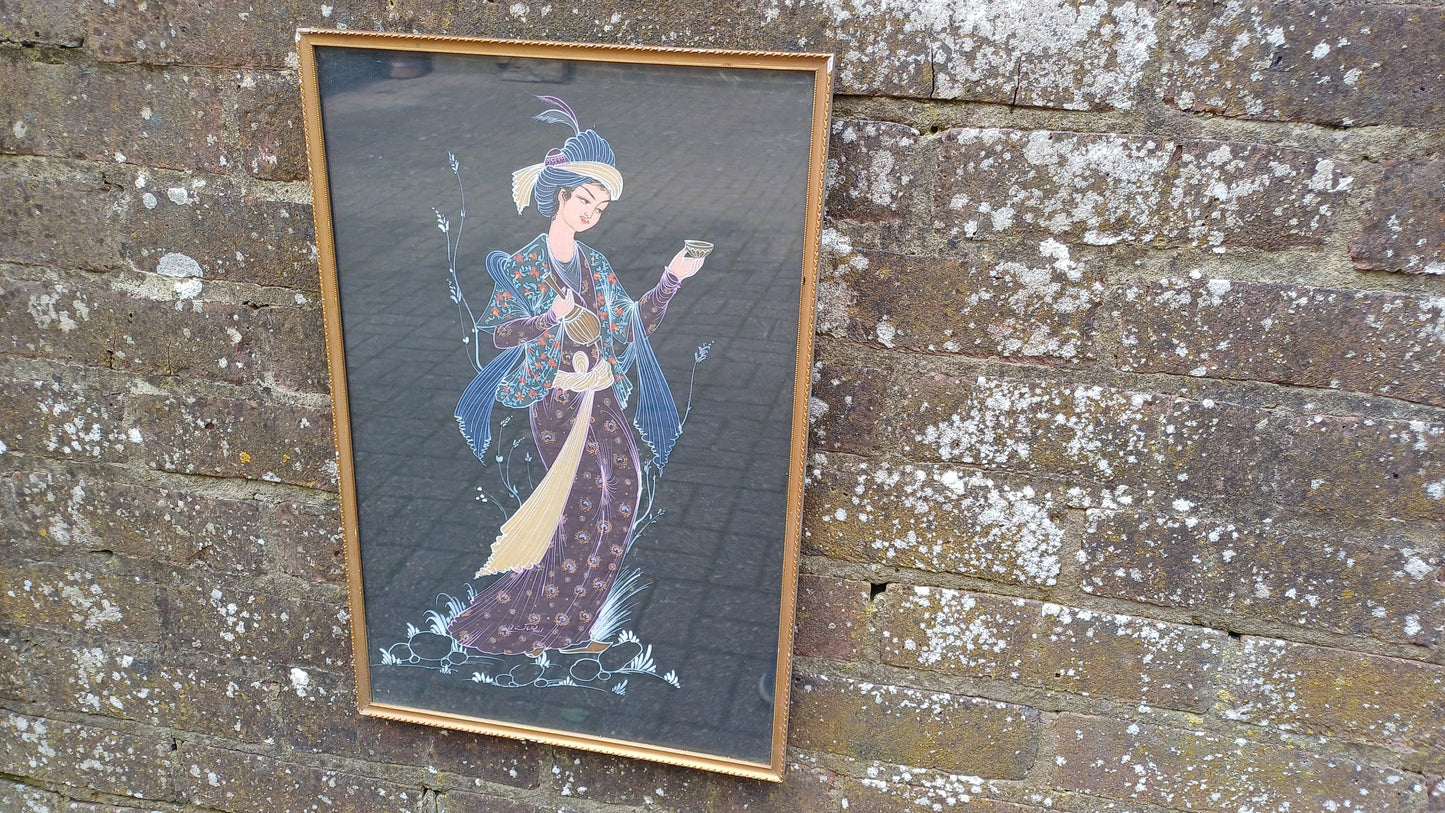 Two interesting Arabian prince princess paintings - colourful on black brown background, vintage gold glazed frames; Arabic Arabian Nights
