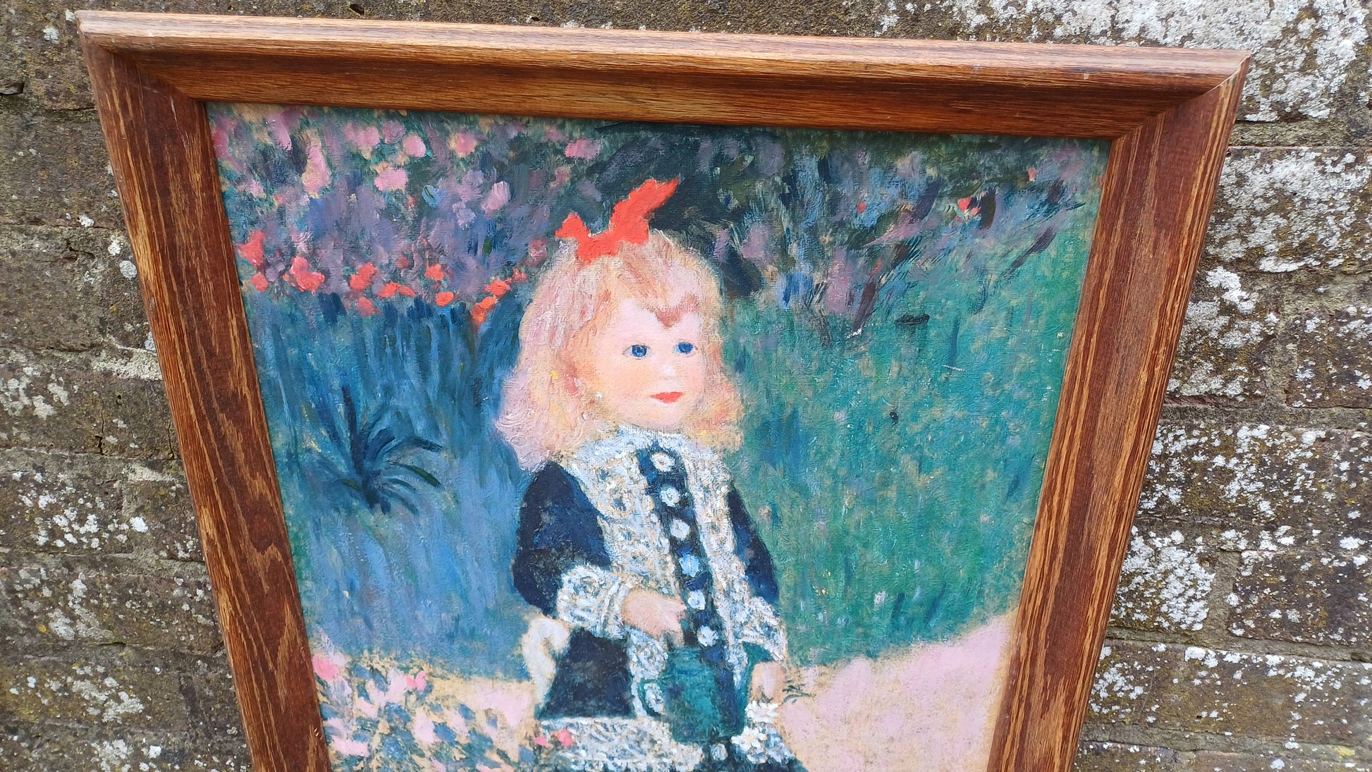 Wonderful vintage copy of famous Renoir painting of Girl with a Watering Can (1876) oil on card, natural wooden vintage frame.