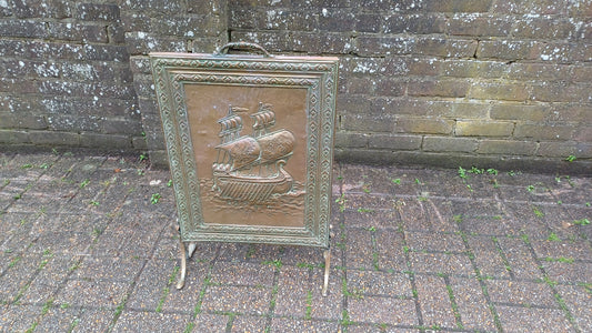 Lovely Vintage Brass Galleon Fire Screen Fire Spark Guard