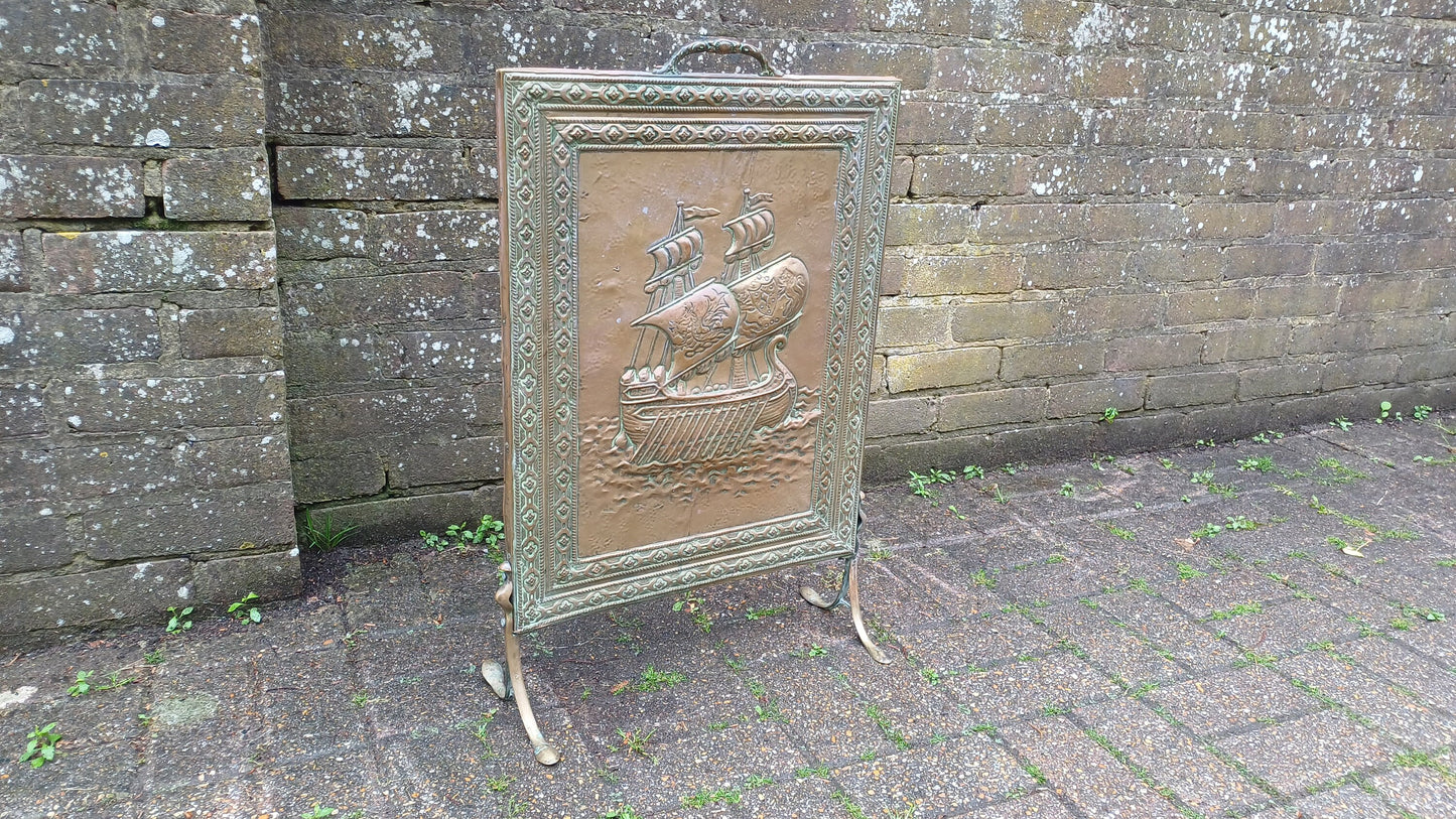 Lovely Vintage Brass Galleon Fire Screen Fire Spark Guard