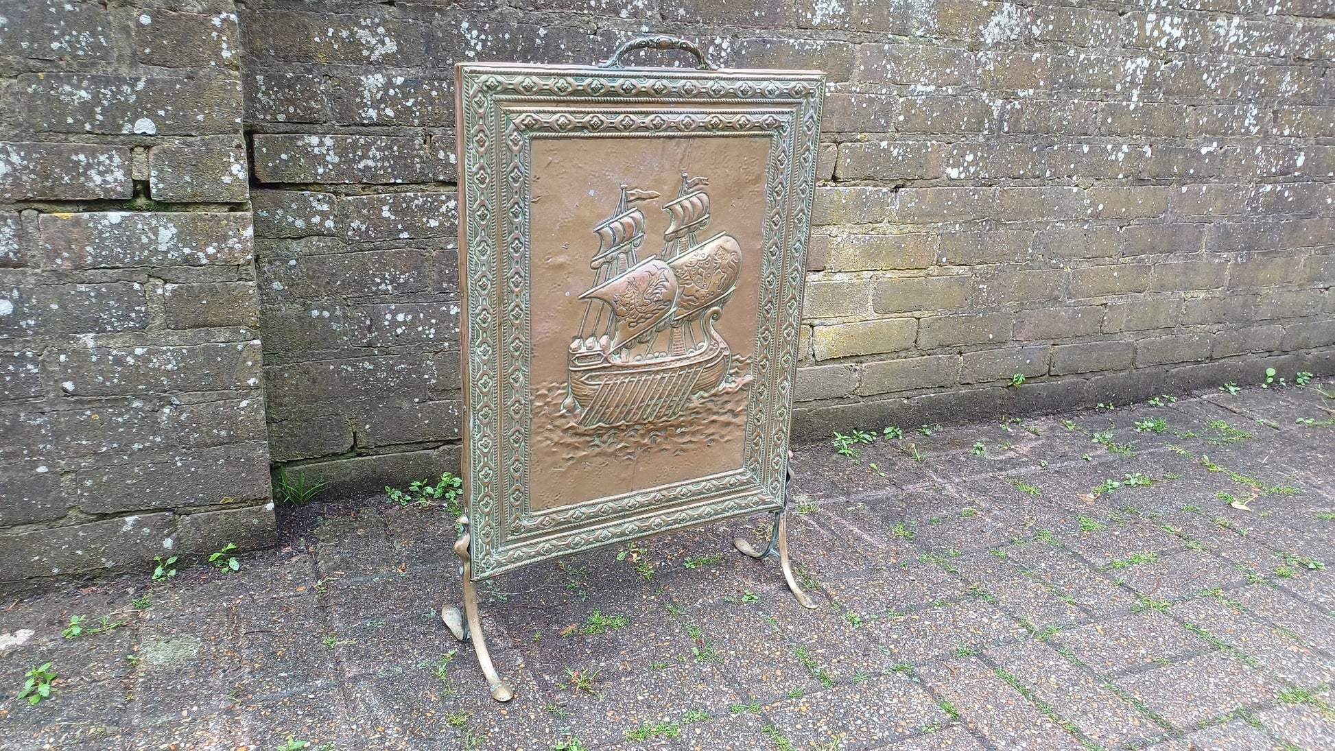 Lovely Vintage Brass Galleon Fire Screen Fire Spark Guard