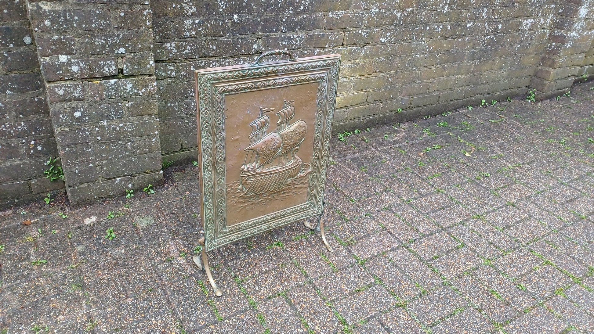 Lovely Vintage Brass Galleon Fire Screen Fire Spark Guard