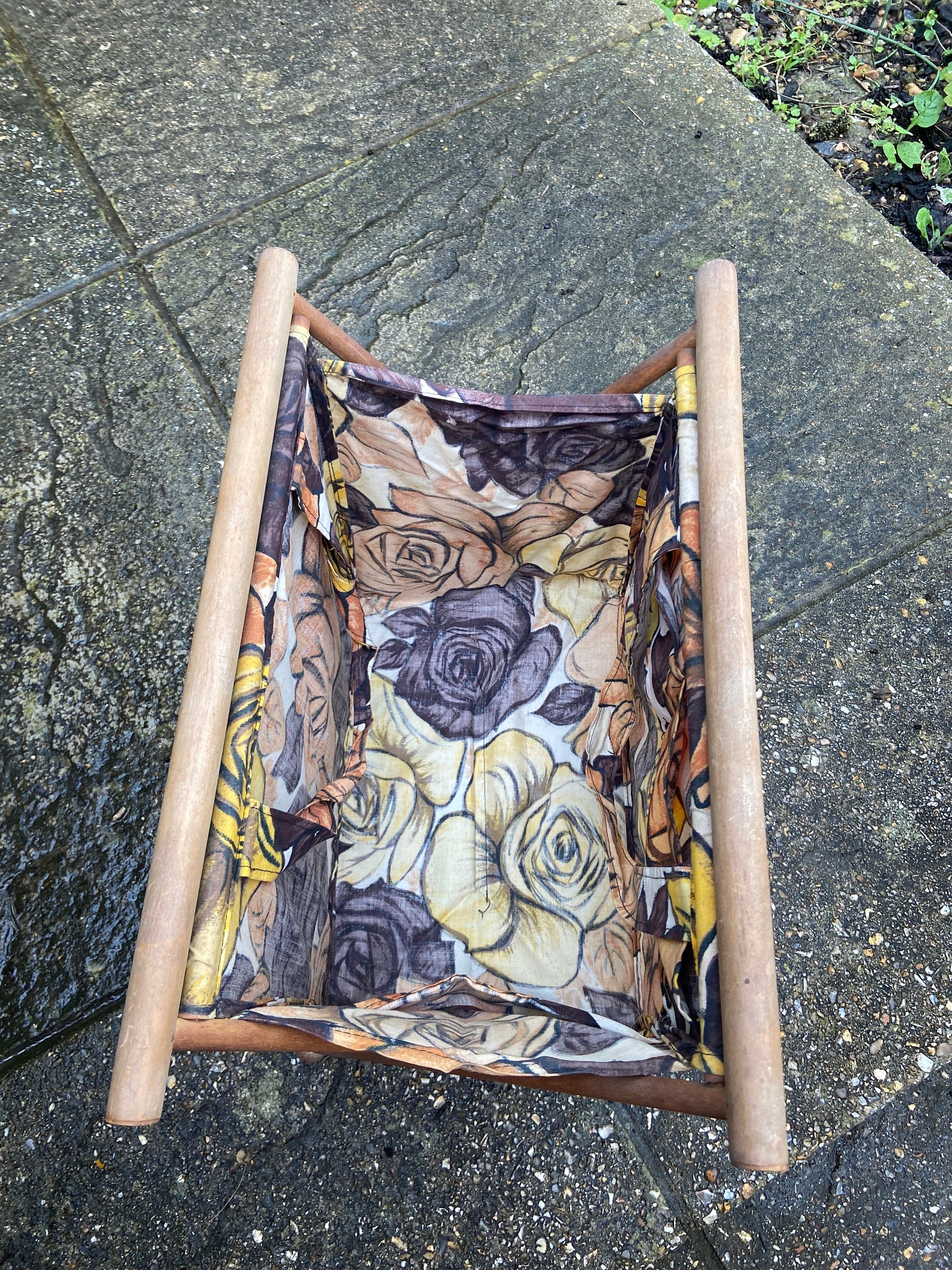 Retro knitting basket, sewing basket, storage basket - fabulous bold bright rose covered material, on classic wooden frame with round feet