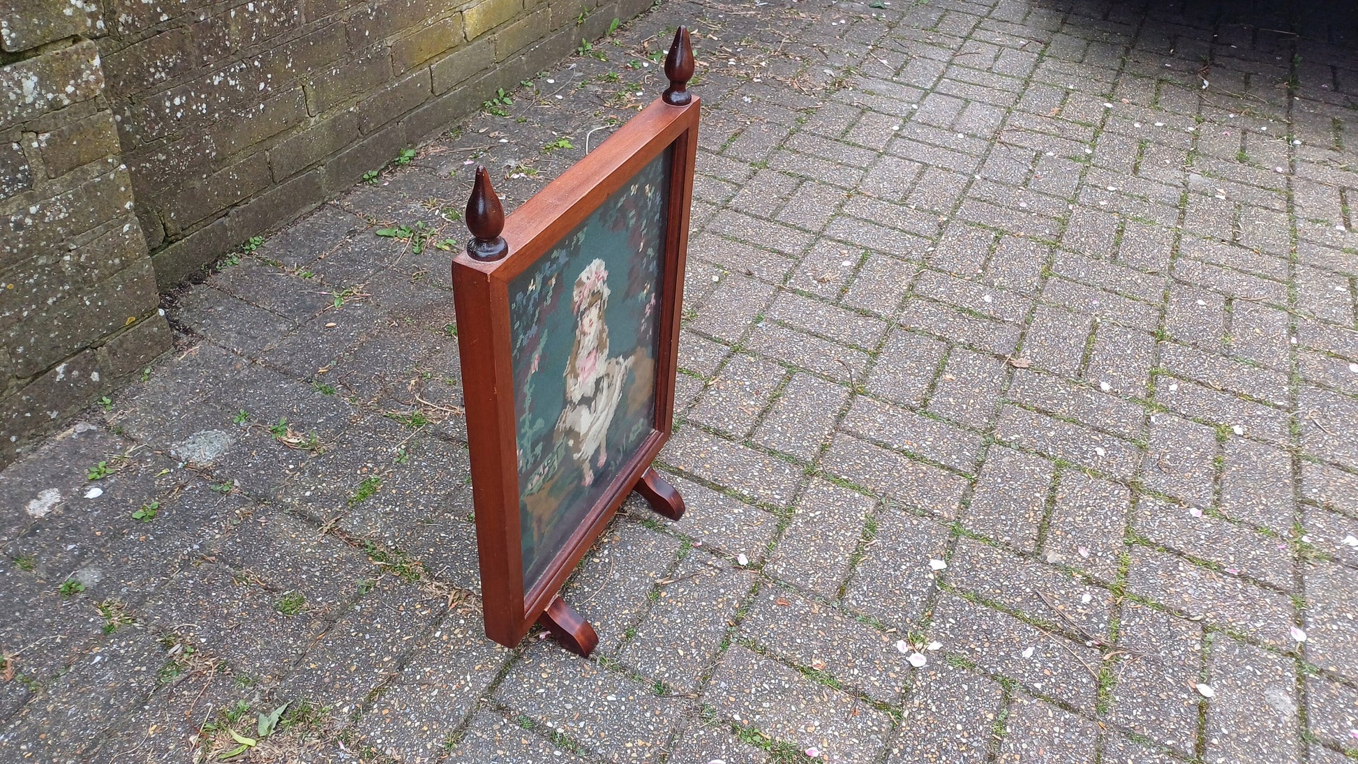 Vintage Tapestry Mahogany Fire Screen Guard of Victorian Child