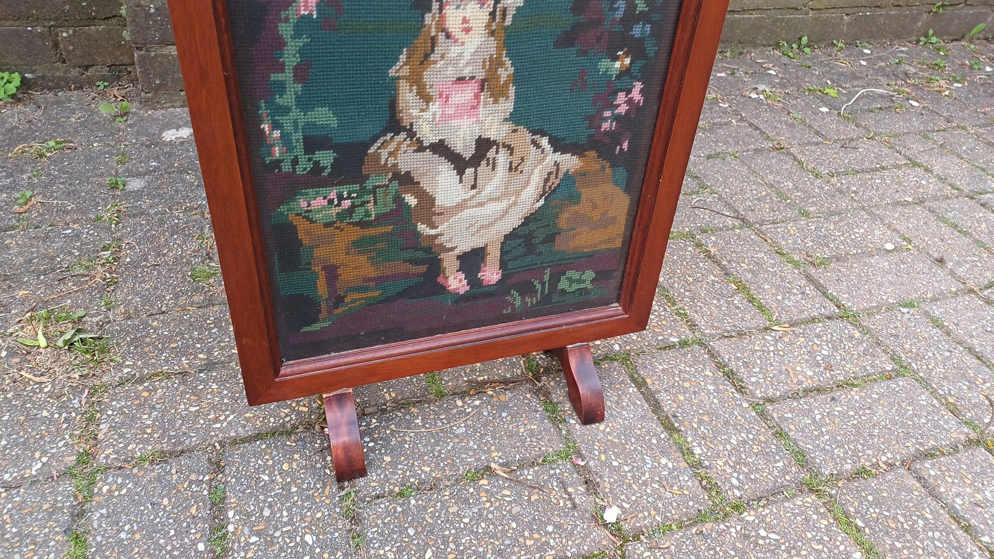 Vintage Tapestry Mahogany Fire Screen Guard of Victorian Child
