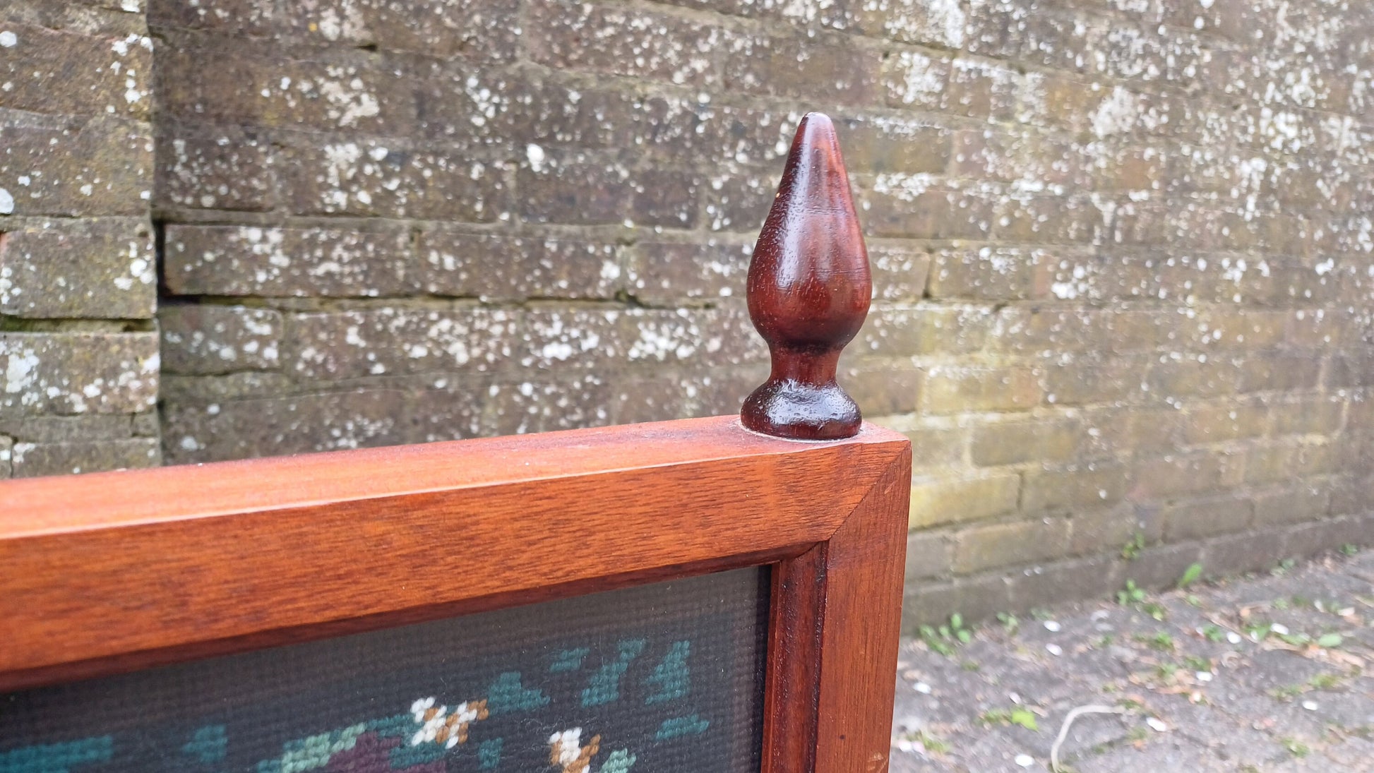 Vintage Tapestry Mahogany Fire Screen Guard of Victorian Child