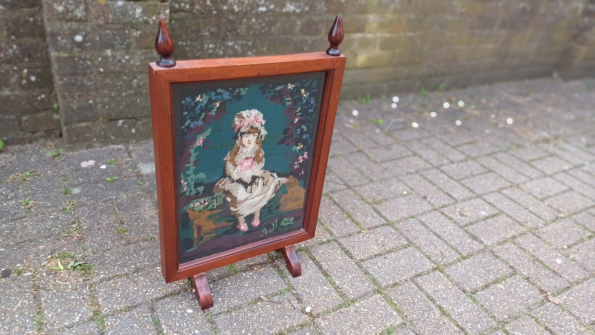 Vintage Tapestry Mahogany Fire Screen Guard of Victorian Child